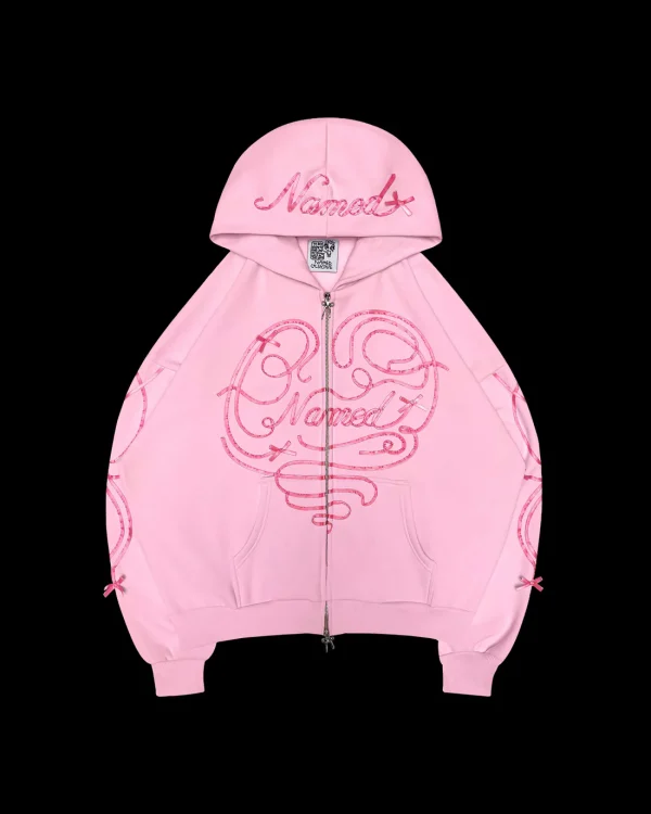 LUST RIBBON ZIP HOODIE BABY PINK