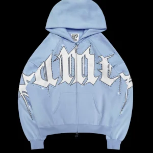 MONSTER RHINESTONE ZIP HOODIE BABY BLUE